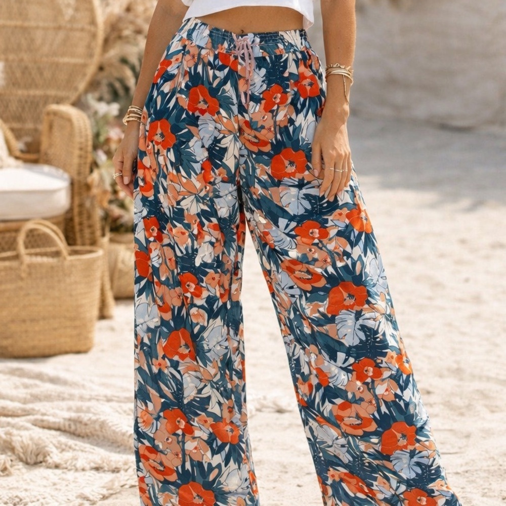 C&C California 100% Linen Floral Wide Leg High Waist Pull On Pants Sz L‎ Boho - Picture 7 of 7